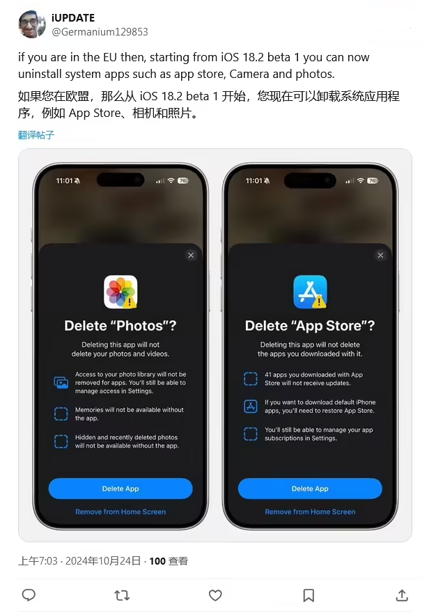 全南苹果手机维修分享iOS 18.2 支持删除 App Store 应用商店 